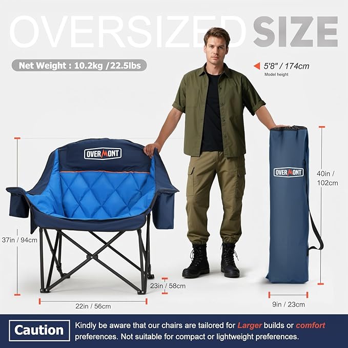 Overmont Oversized XL Camping Chair for Adults - 400lbs Support Heavy-Duty Padded Folding Chair with Side Pocket Cup Holder Cooling Bag for Outdoor Sports Garden Beach Fishing Lawn - Blue