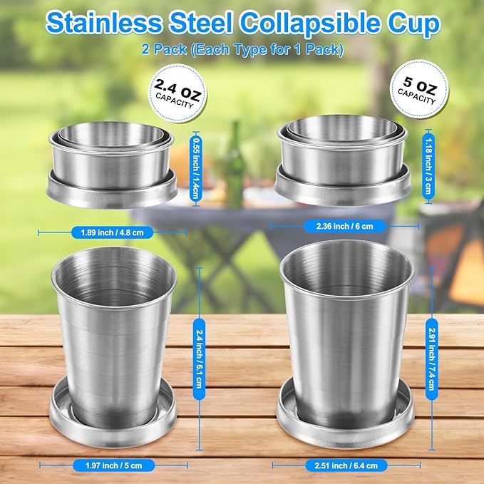 2 Pack Stainless Steel Collapsible Travel Cup, 2.4/5oz Reusable Collapsible Metal Cup Portable Foldable Water Bottle with Lid and Keychain for Travel/Camping/Hiking