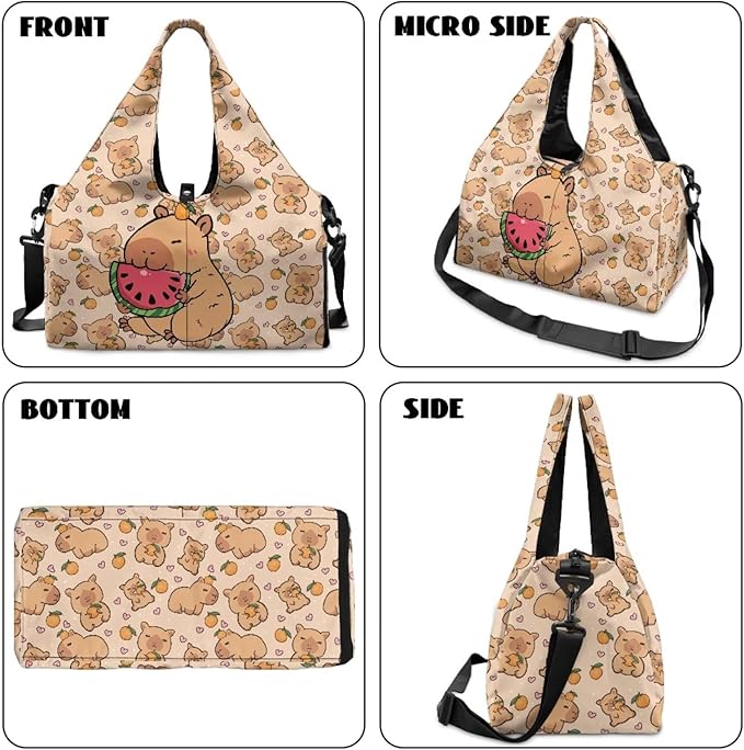 Capybara Watermelon Gym Duffel Bag for Women with Shoe Compartment and Yoga Mat Holder Cute Luggage Sports Travel Carry On Bag Overnight Duffel Bags Lightweight