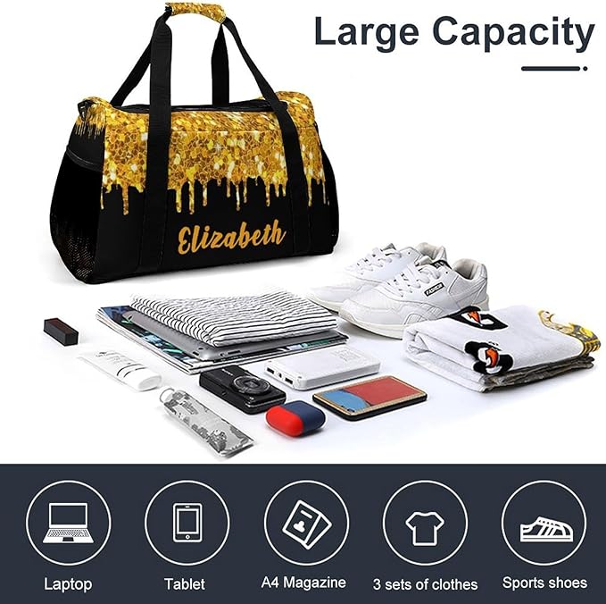 Golden Yellow Sequin Glitter Print Crossbody Bag Customized Duffel Bags (Store Shoes) Weekender Overnight Bag Travel Bag Personalized Gift Gym Bags
