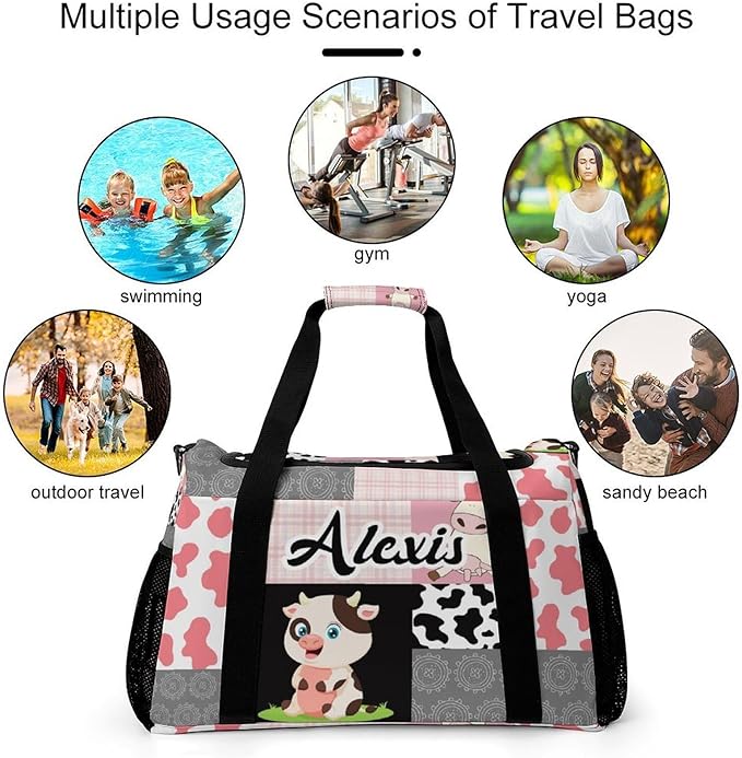 Personalized Pink Grey Patchwork Cow Print Duffle Bag with Adjustable Shoulder Strap Tote Bag for Women Man Workouts Custom Travel Perform Bag