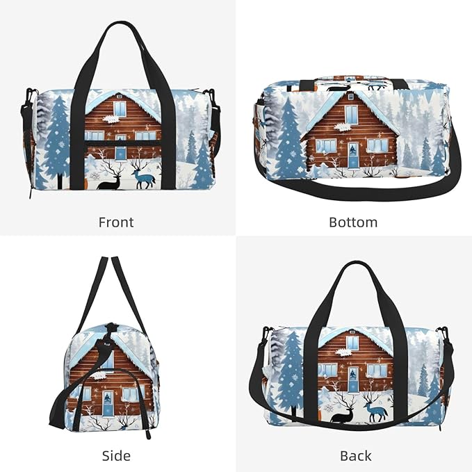 Winter Fawn Print Gym Bag with Shoe Compartment for Women Men, 17.7in Sports Duffle Weekender Tote, Overnight Travel Duffel Bag Carry On