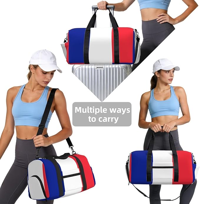 French flag Print Gym Bag with Shoe Compartment for Women Men, 17.7in Sports Duffle Weekender Tote, Overnight Travel Duffel Bag Carry On