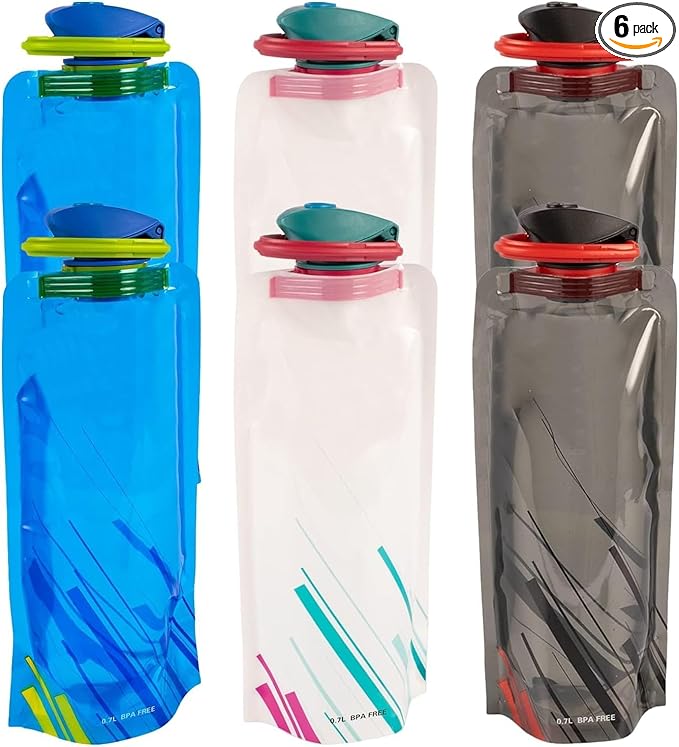 6 Pack Collapsible Water Bottles for Travel – 24oz Foldable Water Bottle with Leakproof Lid, Food-Grade Silicone Portable Reusable BPA-Free Water Bottle for Hiking,Sports,Camping,Biking (6)