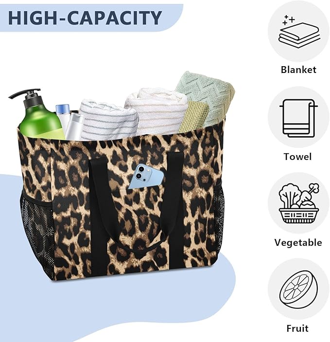 Bolaz Travel Tote Bag，Gym Bag for Men,Waterproof Beach Bag for Women Foldable Reusable-Brow-black Leopard Print