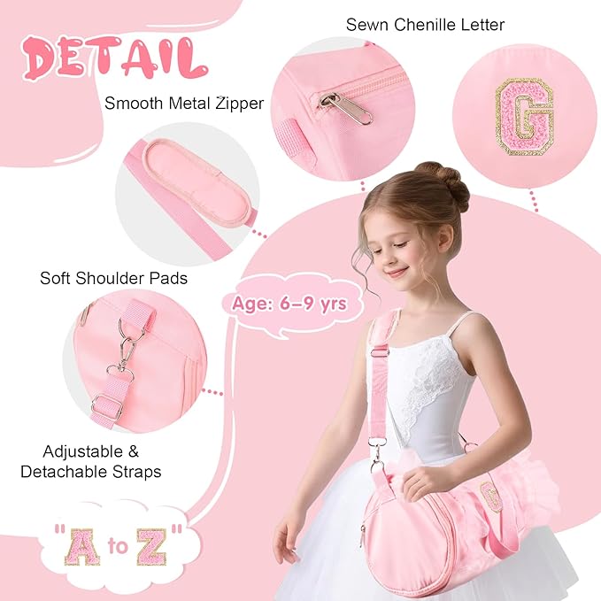 Personalized Initial Dance Bag for Girls 6-9, Medium Lace Gym Sport Yoga Cheer Dance Bags Gift for Teen Girls, Cute Letter Kids Ballet Bag Toddler Travel Duffel Tote with Adjustable Straps(Pink-G)