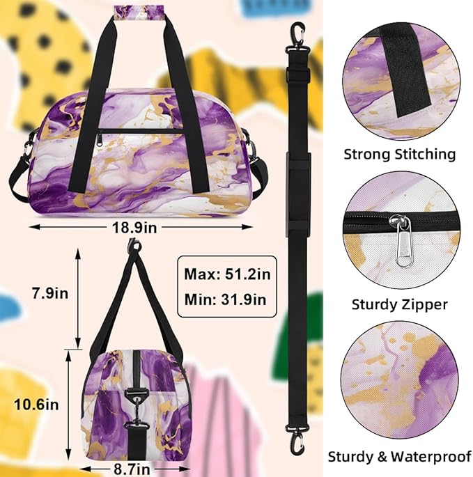 Gym Bag for Women Men, Purple And Gold Marble Travel Duffle Bags for Dance Ballet Overnight, Carry-On Weekender Bag with Detachable Shoulder Strap