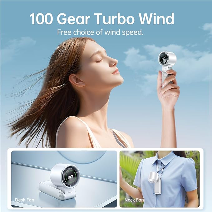 2 Pack White Portable Handheld Turbo Fan-100 Speeds, 13500 RPM, 12Hrs Cooling, Digital Display, 120° Rotation, USB Rechargeable Mini Hand Held Personal Fan for Travel Outdoor Indoor