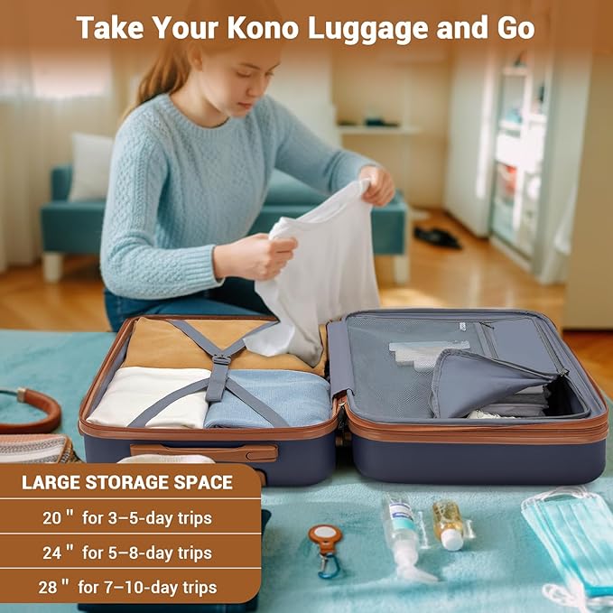 Kono Expandable Carry On Luggage 22x14x9 Airline Approved with Spinner Wheels, 20 Inch Durable PC+ABS Hardshell Travel Suitcase Rolling Luggage with Lock, Navy/Brown
