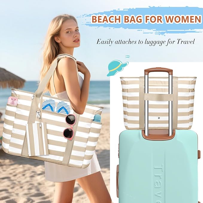 Extra Large Beach Bags for Women, Waterproof Sandproof Beach Tote Bag Foldable Swim Pool Bag with Zipper and Wet Pocket