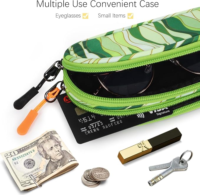 Double Eyeglasses Case Soft Portable Zipper Sunglasses Pouch with Keychain Clip for Men Women