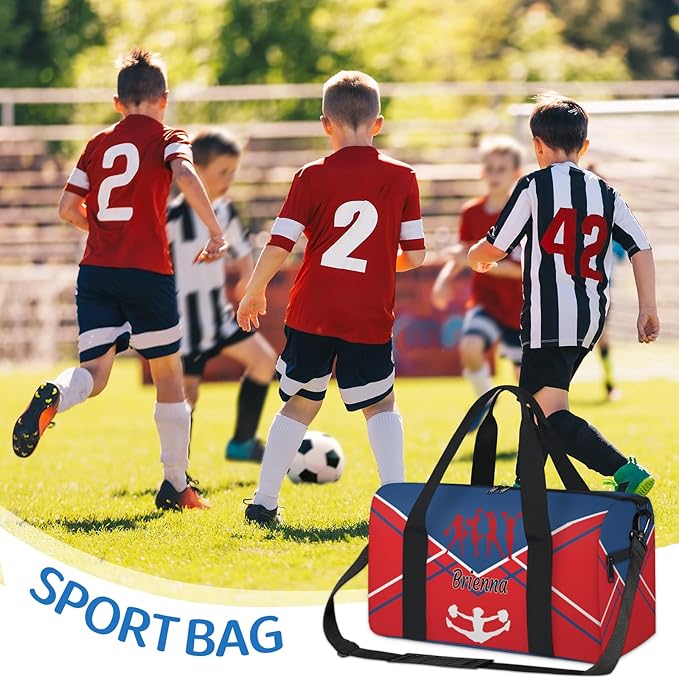 Custom Gym Dance Bag Cheerleading, Personalized Sports Bag for Teens Waterproof Weekender Carry Practice Travel Tote, Steel Blue with Red Cheer Team