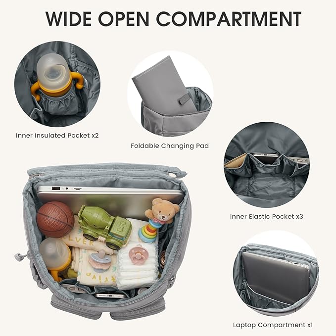 G4Free Diaper Bag Backpack for Moms Dads Travel Baby Bag with Pacifier Case & Insulated Pockets,Grey