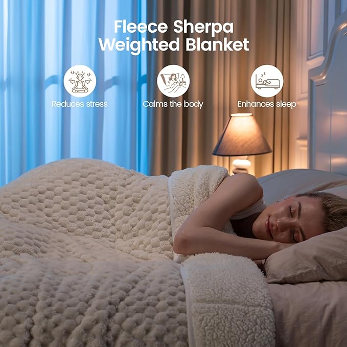 Super Fuzzy Soft Fleece Sherpa Weighted Blanket 20 lbs for Adults, 3D Imitation Turtle Shell Luxury Weighted Throw for Better Sleep, Dual Sided Cozy Blankets for Couch Bed, Cream White, 60" x 80"
