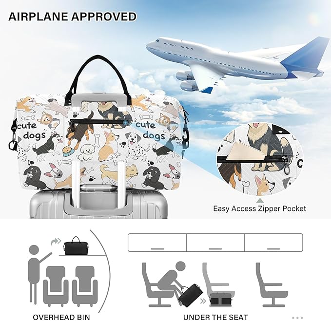 Cute Dogs Quilted Travel Bags Weekender Duffle Bags With Toiletry Bag Carry on Overnight Duffels Yoga Gym Bag for Airplanes Business Sports