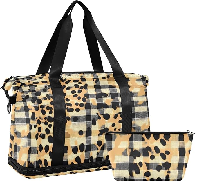 Gym Bag Duffel Bags Checkered Leopard Print Carry On Weekender Bag Set with Shoes Compartment for Travel Sports Yoga