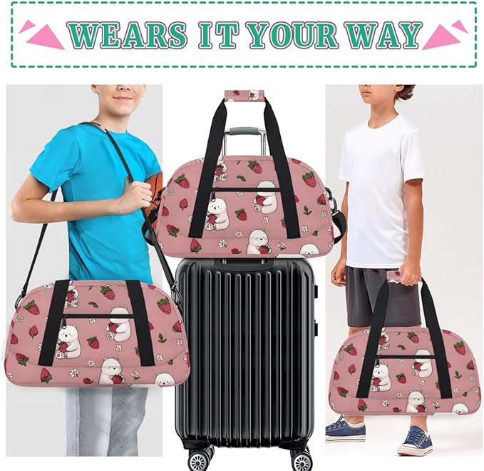 Strawberry Bear Gym Travel Duffle Bag for Women & Men with Front Zipper Pocket for Sports, Overnight, Weekender, Carry On,Workout & Dance Bag,Cute Strawberry Bear,18.9 * 8.7 * 10.6 in