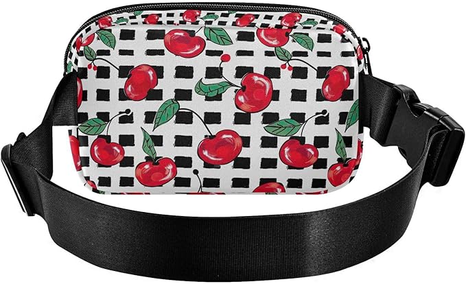 Cherry Fruit Black White Checkered Plaid Fanny Pack for Women Men Water Resistant Fashion Waist Packs with Adjustable Strap Belt Bag for Travel Workout Jogging Hiking 21219425