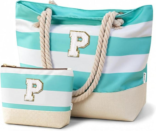 Vavabox Initial Beach Tote Bag for Women, Water-resistant Foldable Travel Beach Bag Set, Birthday Gifts for Women Mom