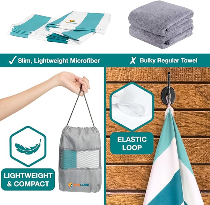 SUN CUBE Microfiber Beach Towel, Quick Dry Sand Free Beach Towel, Lightweight Compact Travel Swim Towel for Pool, Camping, Sand Resistant Packable Adult Towel - Light Blue 78x35 Inches