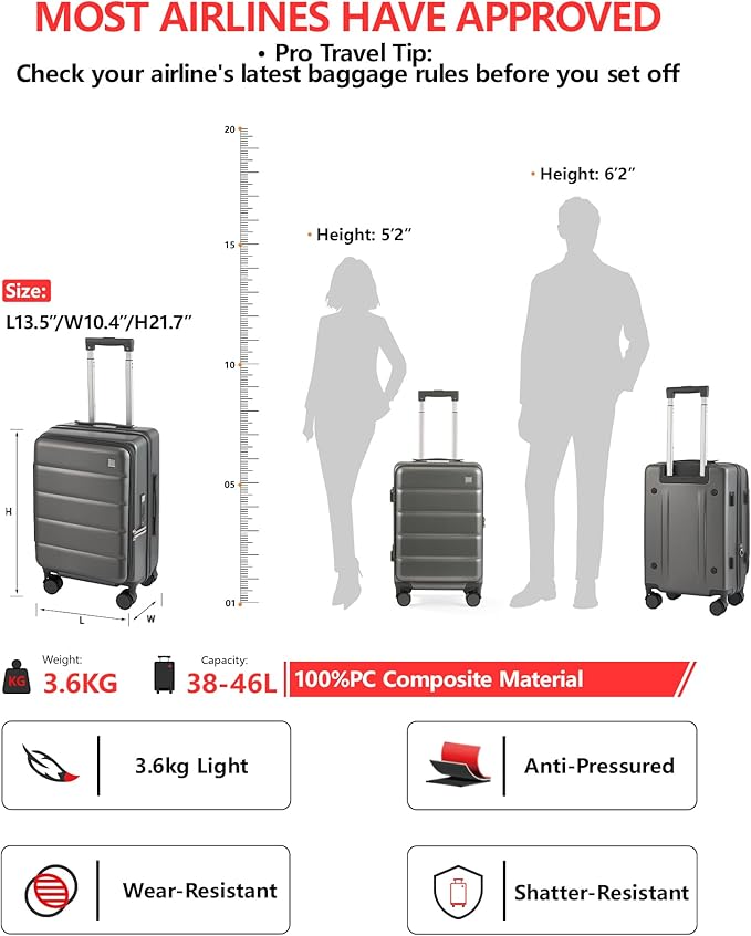 Expandable 20Inch Carry On Luggage Airline Approved - Top Opening Hardside Travel Suitcase Unbreakable -with Cup Holder,USB Charge,Side Pothook, 360°Spinner Wheels, TSA Lock-Grey