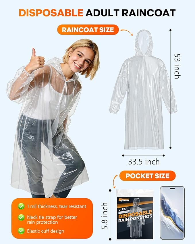 Disposable Rain Ponchos, 6 Pack Family Pack for Adults, 1MIL Thick Clear Emergency Raincoat with Drawstring Hood and Elastic Cuffs, Waterproof Rain Gear for Theme Parks Travel, and Camping