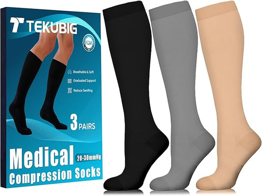 3 Pairs Medical Women Men Compression Socks Knee High 20-30 mmhg Graduated Stocking Support Hose Cute for Running Travel