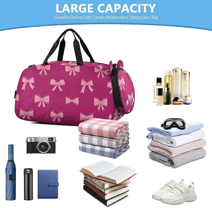 Bow Fuschia Pattern Kids Sports Duffle Bag for Boys Girls Toddler Weekender Overnight Bag with Shoe Compartment & Wet Pocket Kids Carry On Shoulder Bag for Gym Dance Sport Travel
