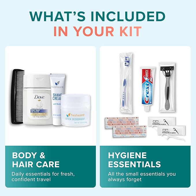 Trektote 10 Piece Travel Hygiene Kit with Toiletries & Dental Essentials, TSA-Compliant, Clear Cosmetic Bag, Single or Bulk Packs