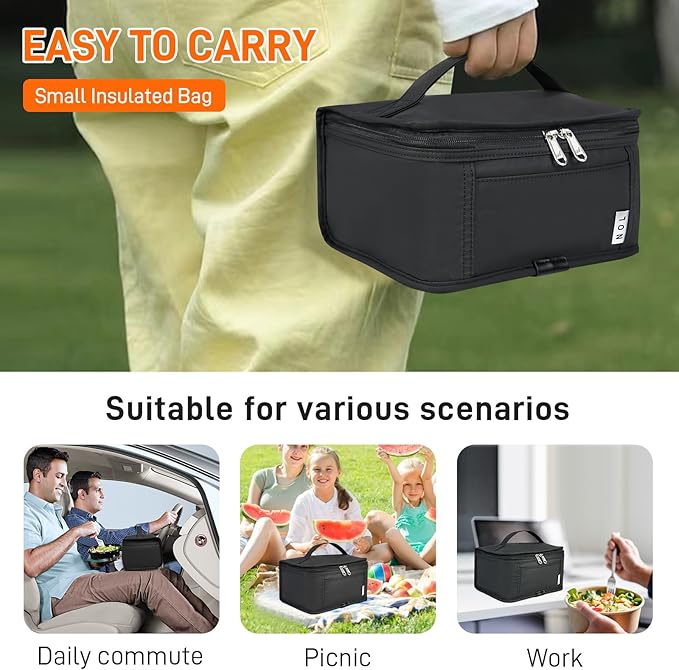NOL Natural Organic Lifestyle Small Lunch Bag Mini Lunch Box Insulated Lunch Bag for Men/Women Leakproof Cooler Tote Bag Lightweight Nylon Waterproof Lunch Box For Work, Black