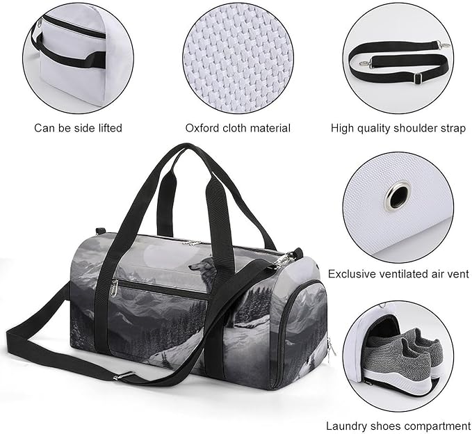 Snow Mountain Lone Wolf Gym Bag Lightweight ，Travel Duffle Bag with Shoe Compartment，Gym Bag for Women for Overnight, Weekend, Yoga, Gym, Business Trips, Sport And Hospital.