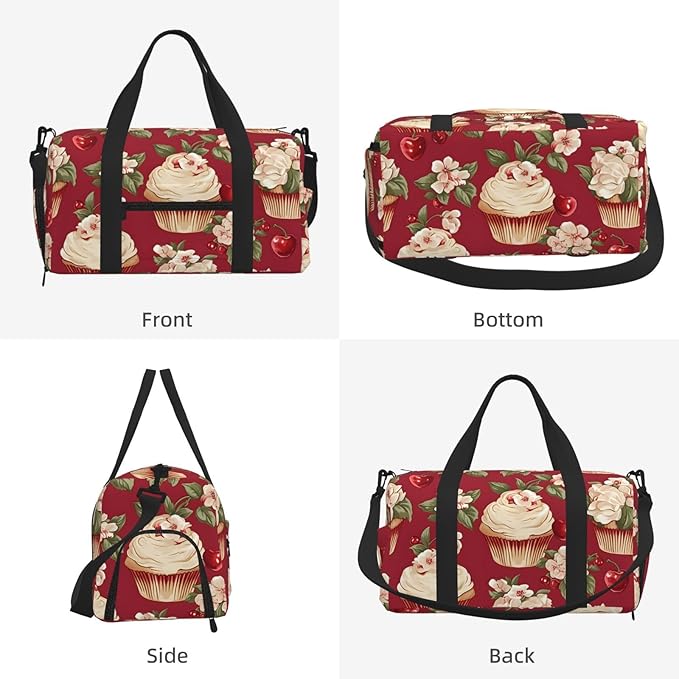 Sports Gym Bag Flowers Floral Small Cakes Travel Duffel Bag With Shoe Compartment Shoulder Strap, Lightweight Water-Resistant Weekend Overnight Totes For Women Men