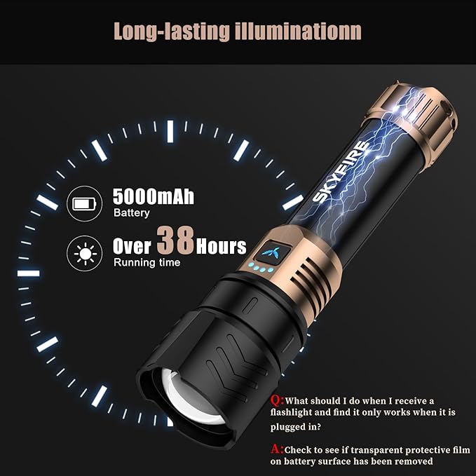 SKYFIRE LED Flashlights High Lumens with Ignition Lens,2000lm Super Bright Rechargeable Flashlight, Zoomable,Four Modes,Waterproof Tactical Flash Light for Camping Essentials,Outdoor and Home,Gift