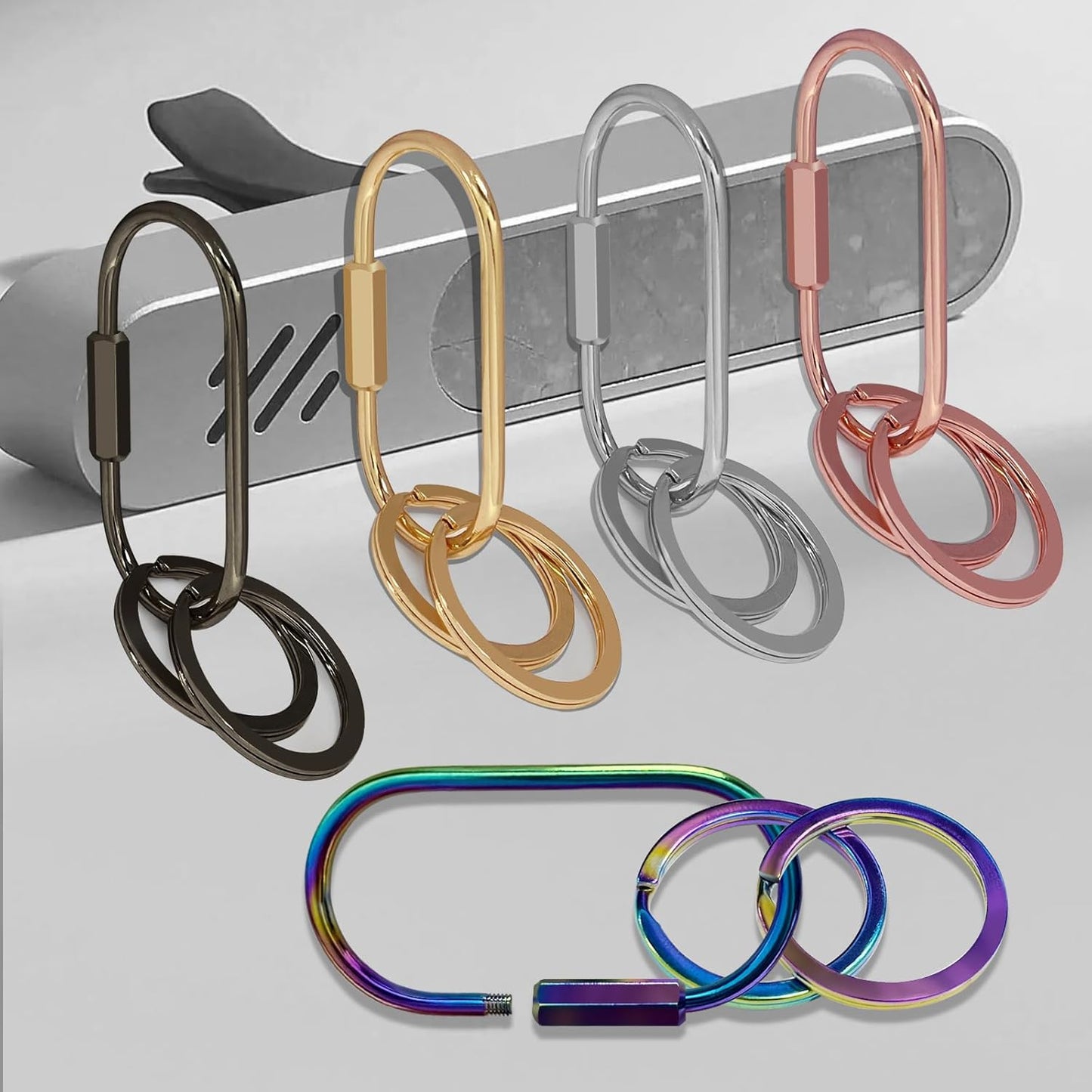 Key Chain, Brass Key Rings 2 Pack Screw Lock Key Organizer with 4 Rings Carabiner Keychain Clip for Men and Women