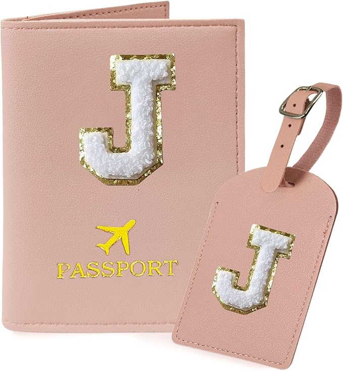 COSHAYSOO Initial Passport Cover Holder and Luggage Tag Set with Chenille Letter Patch ABC for Women Teenage Girls, Travel Essentials Must Have Stuff Bag Suitcase Identifier Pink J