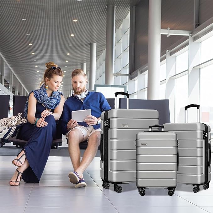 3-Piece Hardshell Luggage Set, Lightweight Expandable Suitcase with TSA Lock and Double Spinner Wheels, 20% Expansion for Extra Packing, Carry-On and Checked Bags, Silver