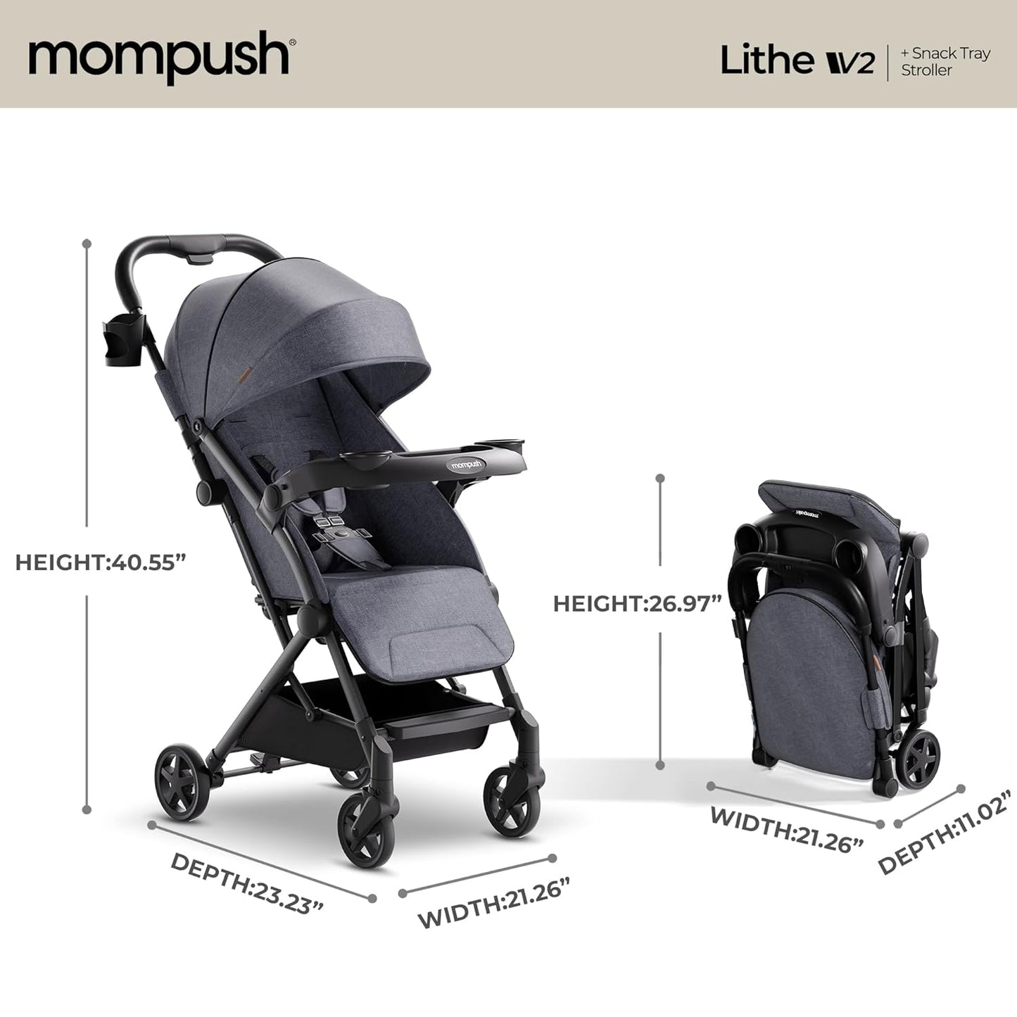 Mompush Lithe V2 Lightweight Travel Stroller, Compact Foldable Baby Stroller with Travel Bag, One-Hand Fold Stroller, Snack Tray, Mechanical Recline Seat, Airplane-Ready, Organizer & Rain Cover