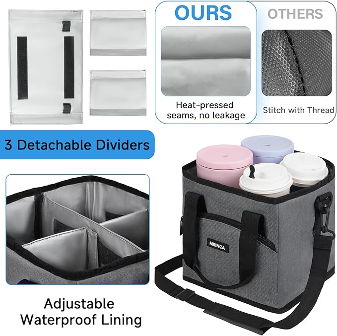 Reusable Drink Carrier with Handle – Insulated, Collapsible 4-Cup Beverage Bag with No-Spill Base, Adjustable Dividers & Shoulder Strap, Portable Caddy for Delivery, Car and Travel, Gray