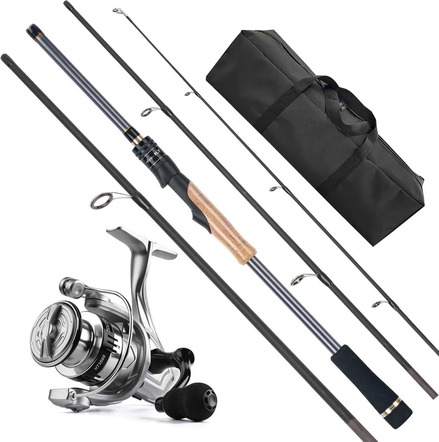 Travel Fishing Pole Combo， 4 Piece Carbon Fiber Spinning Rod Spinning Reel 7ft Braided Line Fishing Carrier Bag for Travel Saltwater Freshwater
