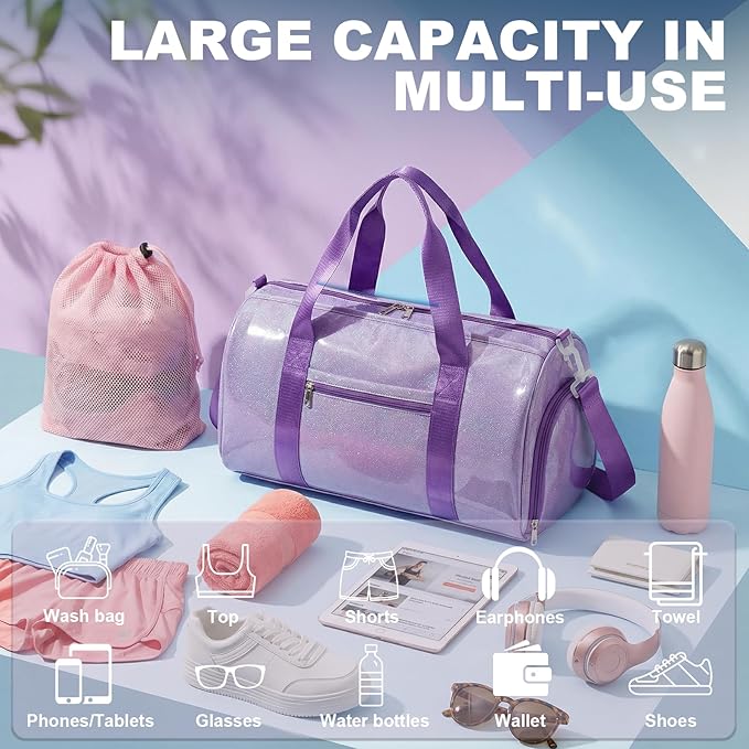 Gym Bag Sports Duffle Bag with Wet Pocket Weekender Overnight Bags with Waterproof Shoe Pouch and Air Hole for Girls Kids Women Workout Travel Bags (Purple)
