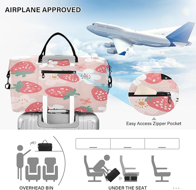 Pink Strawberr White Flower Pattern Travel Duffle Bag Gym Yoga Carry on Bags for Men Women Weekender Bag