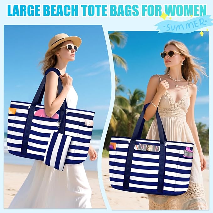 Extra Large Beach Bags for Women, Waterproof Sandproof Beach Tote Bag Foldable Swim Pool Bag with Zipper and Wet Pocket