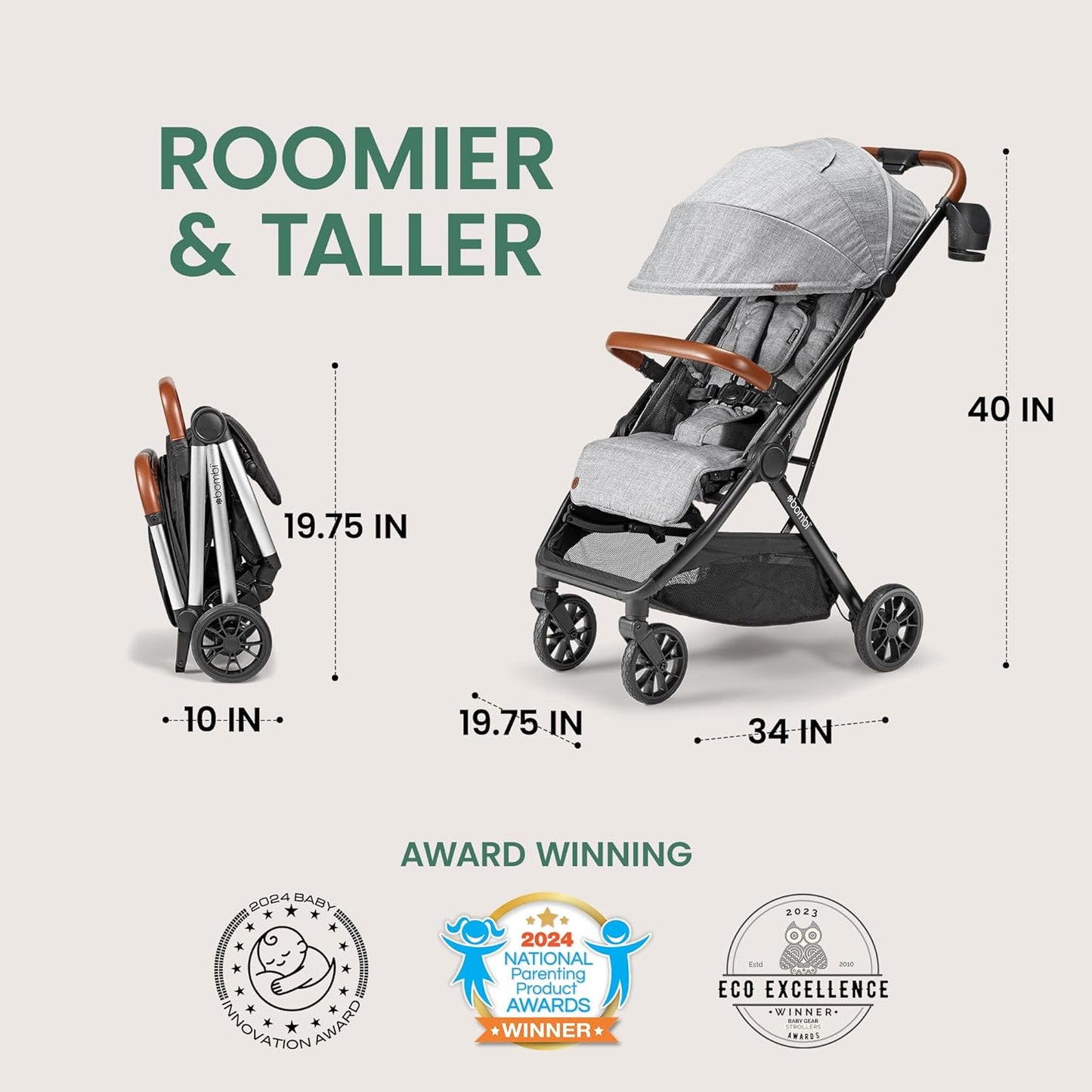 Bombi Bēbee V2 Lightweight Baby Stroller - Premium Vegan Leather, One-Hand Fold, Infinite Recline, Aircraft-Grade Aluminum Frame, XXL Canopy, and Ample Storage Umbrella Stroller - Stone Gray