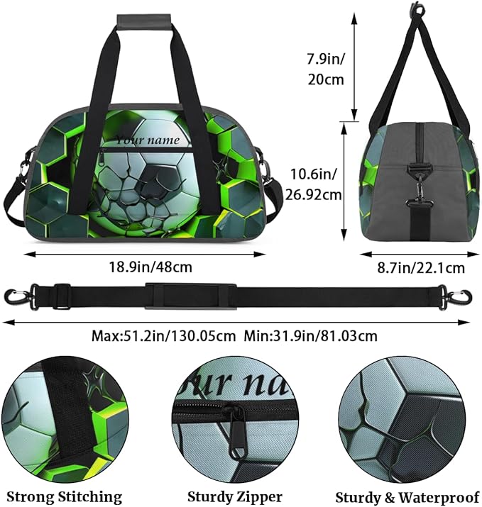 Custom Gym Bag Gray Green Soccer Personalized Outdoor Sports, Travel Carry-On Luggage and Dance Practice Designed Specifically for Boys and Girls