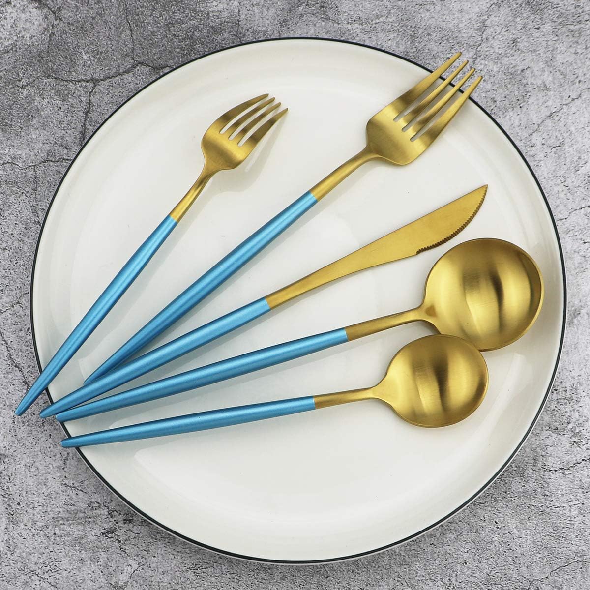 Gugrida Blue Handle Matte Gold Silverware Set - 5-Piece 18/10 Stainless Steel Satin Finish Flatware, Kitchen Utensils, Tableware Travel Cutlery for Camping, Office, School Lunch - Dishwasher Safe