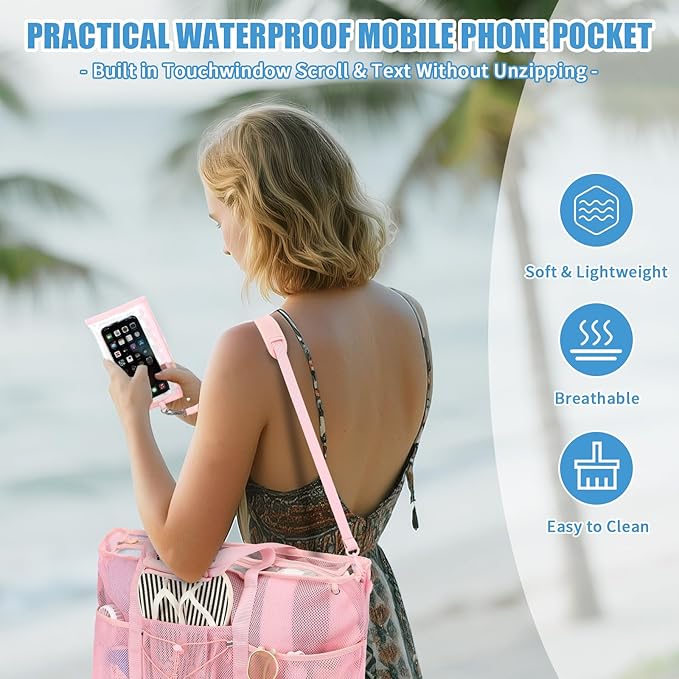 Mesh Beach Bag, Foldable Extra Large Beach Bags with Zipper Pool Bag with Portable Phone Pouch for Vacation Pool
