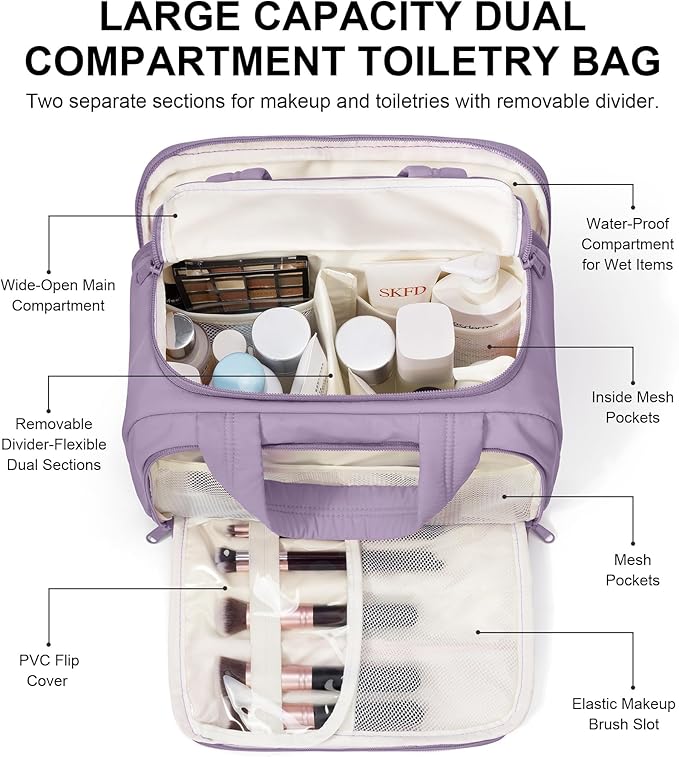 Travel Toiletry Bag for Women, Lightweight Large Quilted Puffy Makeup Bag Wide-open Make up Organizer Cloud Cosmetic Bag w/Handle for Traveling, Toiletries, Essentials Accessories Lavender