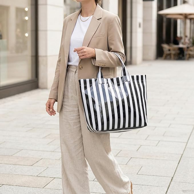 JQWYGB Striped PVC Tote Bag Large Glossy Striped Handbags Waterproof Top Handle Bag Plastic Tote Handbag Beach Travel Work