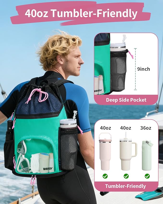 WANDF Swim Bag with Wet Pockets, Sandproof Beach Backpack with 40oz Tumbler Side Pockets, Mesh Drawstring Backpack Swim Bag for Swimming, Pool, Gym and Workout Gear (Green)