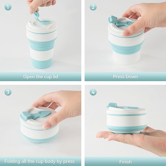 12oz Collapsible Cup for Traveling, Collapsible Silicone Travel Cup for Hot and Cold Drinks, Leak Proof Silicone Folding Travel Coffee Mug for Camping & Hiking, BPA Free Blue
